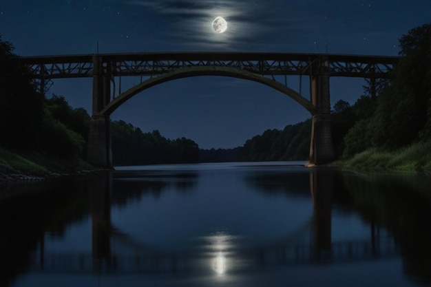 Un ponte illuminato dalla luna che attraversa un fiume