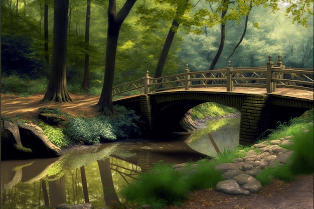 Un ponte nella foresta con alberi e acqua