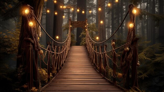 Un ponte nella foresta con luci appese al soffitto.
