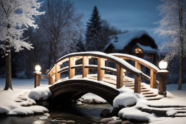 Un ponte pedonale per una foresta innevata su un fiume che scorre