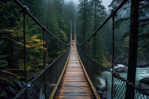 Un ponte sospeso su un fiume in una foresta