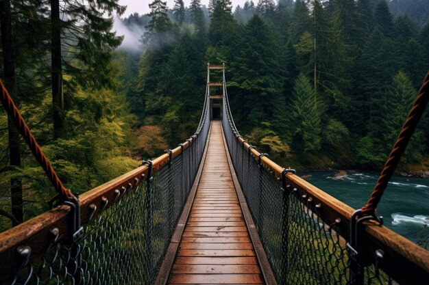 Un ponte sospeso su un fiume in una foresta