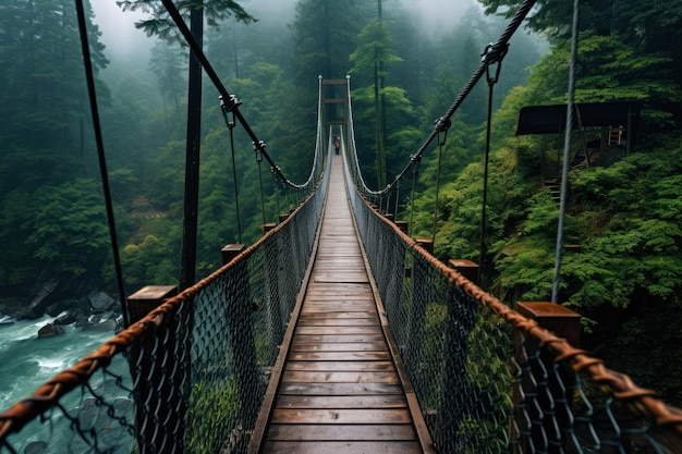 Un ponte sospeso su un fiume in una foresta