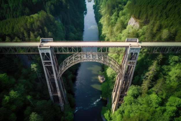 Un ponte su un fiume con alberi sullo sfondo.