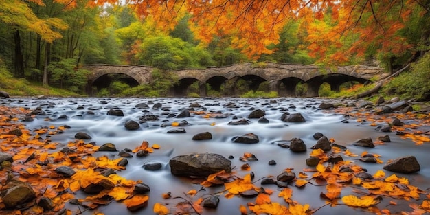Un ponte su un fiume con foglie su di esso