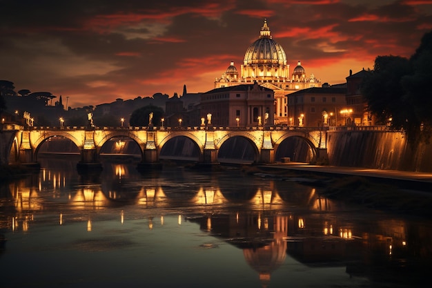 un ponte su un fiume con le luci accese di notte.