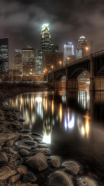 Un ponte su un fiume con lo skyline della città sullo sfondo.