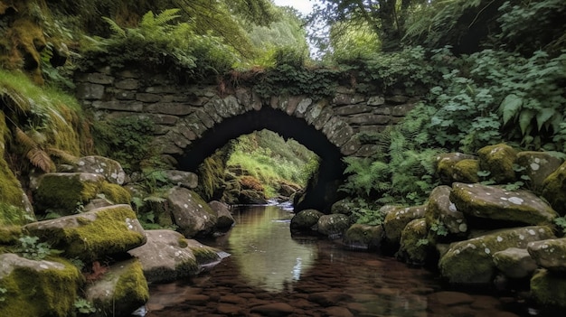 Un ponte su un fiume con rocce coperte di muschio e un ponte di pietra su di esso.