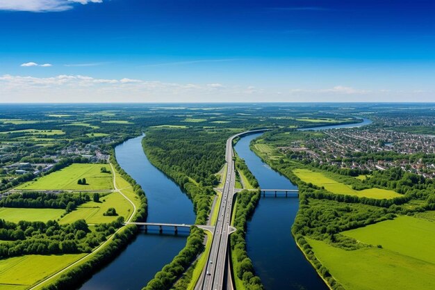 un ponte su un fiume con un cielo blu e un campo verde