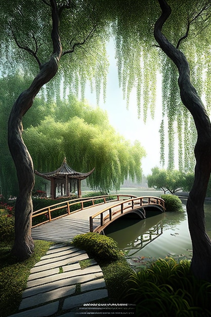 Un ponte su un fiume con un ponte e alberi sullo sfondo.