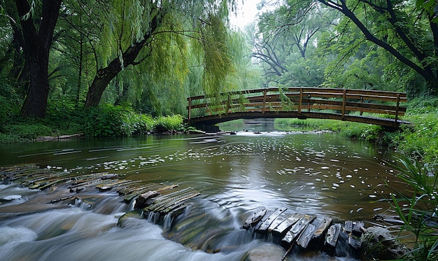 un ponte su un fiume con un ponte sullo sfondo