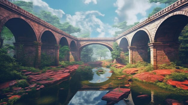 Un ponte su un fiume con un ponte sullo sfondo