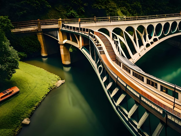 Un ponte su un fiume con un ponte sullo sfondo