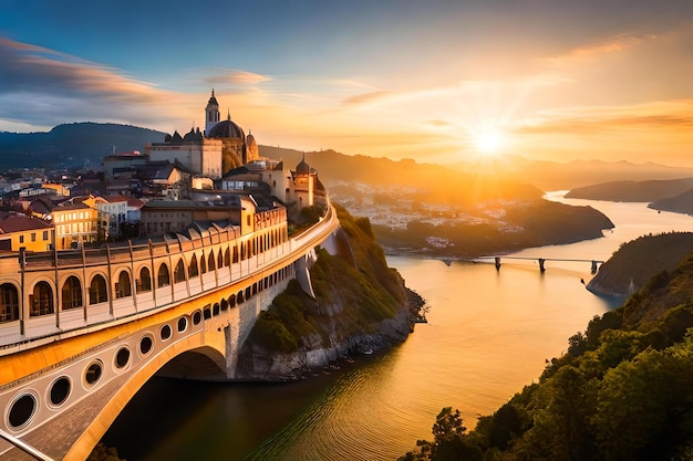 Un ponte su un fiume con un tramonto sullo sfondo