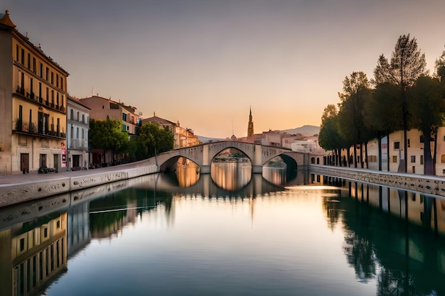 Un ponte su un fiume con un tramonto sullo sfondo