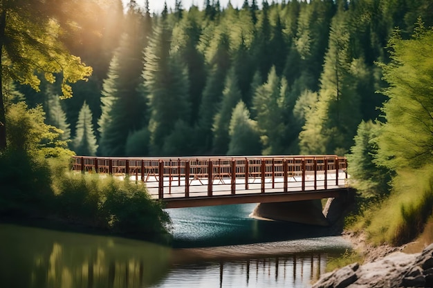 Un ponte su un fiume con una foresta sullo sfondo