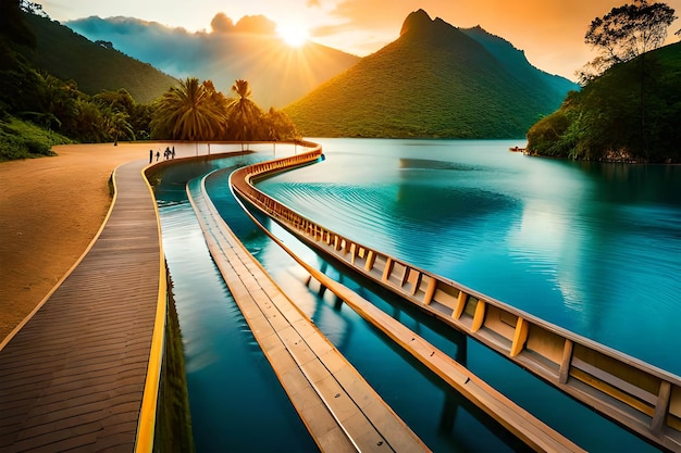 Un ponte su un lago con le montagne sullo sfondo