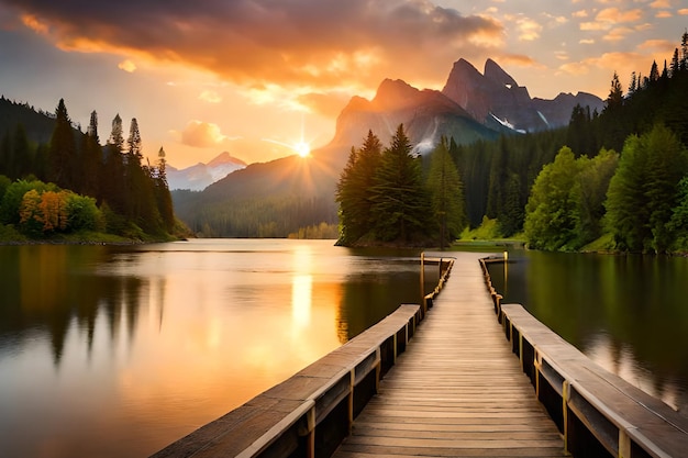 Un ponte su un lago con le montagne sullo sfondo