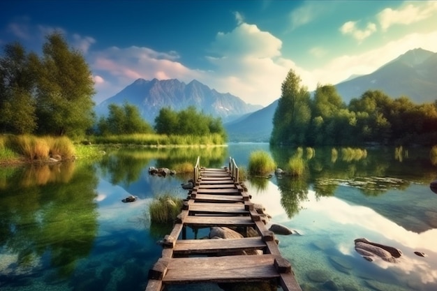 Un ponte su un lago con le montagne sullo sfondo