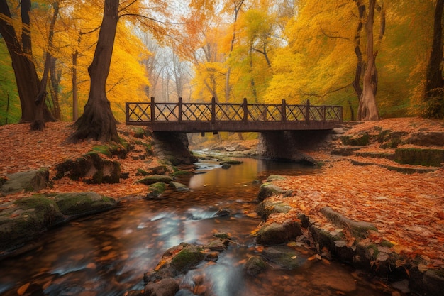 Un ponte su un ruscello in una foresta con foglie autunnali