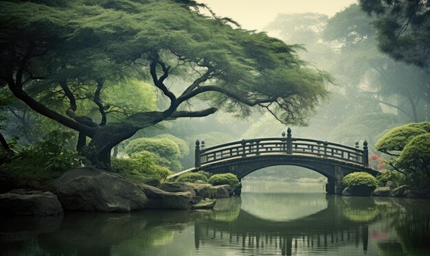 Un ponte su uno specchio d'acqua circondato da alberi