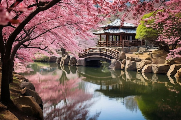 Un ponte su uno stagno con fiori di ciliegio rosa.