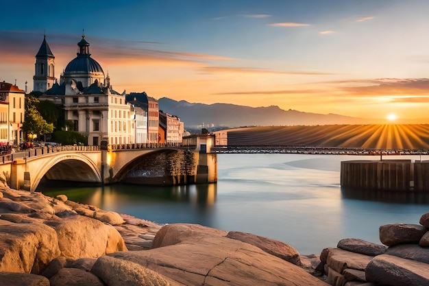 Un ponte sul fiume con il sole che tramonta alle sue spalle