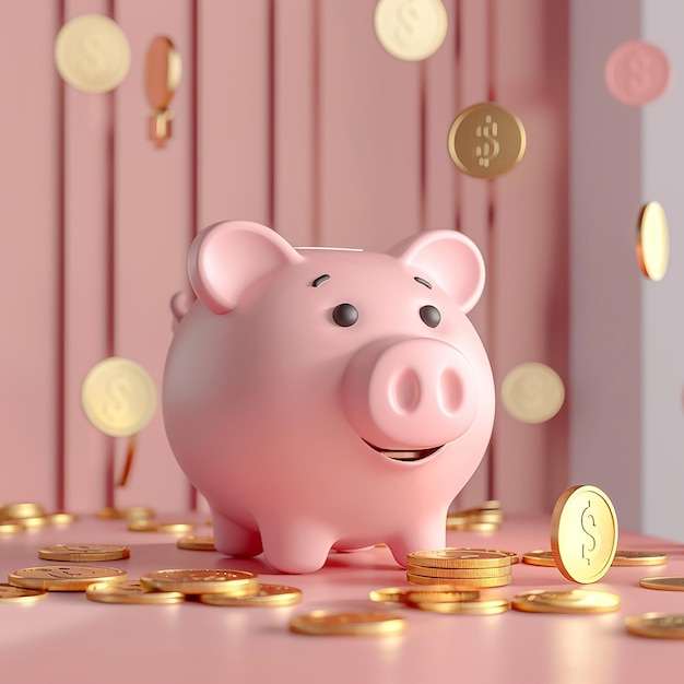 un porcellino rosa con monete d'oro e uno sfondo rosa con un numero 6 sulla parte anteriore