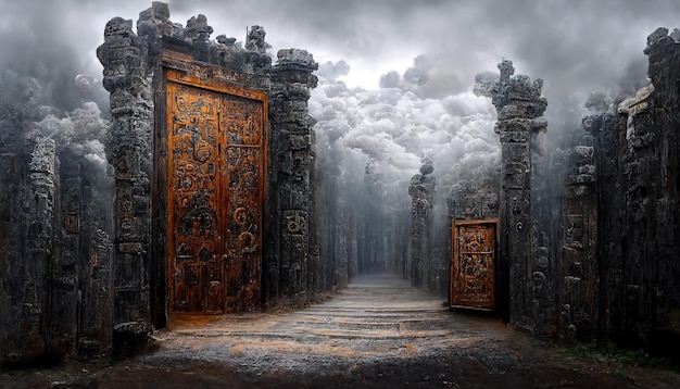 Un portale aperto per un mondo alieno in una foresta verde intenso Antico cancello per un luogo lontano Magia