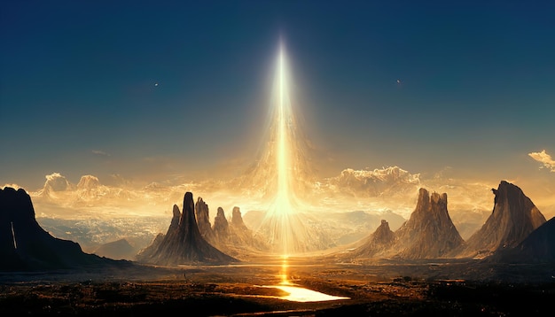 Un portale futuristico verso un altro mondo Il portale si trova su un'illustrazione 3D di rendering 3D alieno