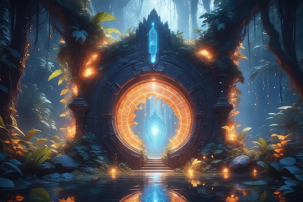 Un portale luminoso arancione fantasy nella foresta