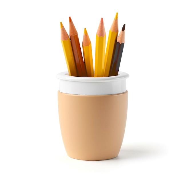 Un portamatite in ceramica e plastica su sfondo bianco dal design pulito e minimale con penna colorata