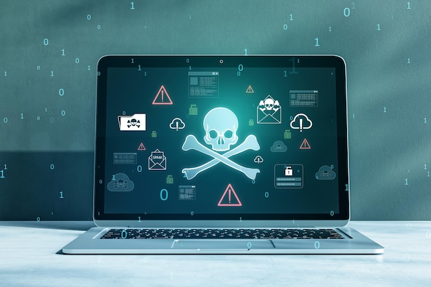 Un portatile che mostra cranio e ossa incrociate con icone di sicurezza informatica su uno sfondo blu concept di minacce digitali 3D Rendering