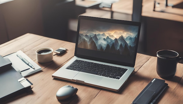 un portatile con un paesaggio di montagna sullo schermo e una tazza di caffè sul tavolo