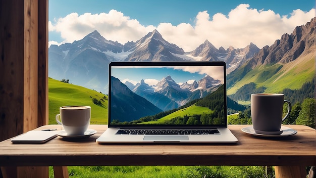 Un portatile e una tazza di caffè su un tavolo con un paesaggio di montagna sullo sfondo