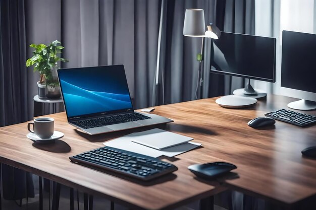 Un portatile si trova su una scrivania con tastiera, mouse e tastiera.