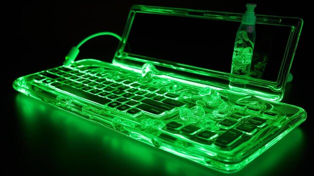 Un portatile verde con una luce a LED verde su di esso