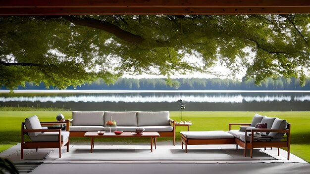 Un portico con vista lago e un divano.