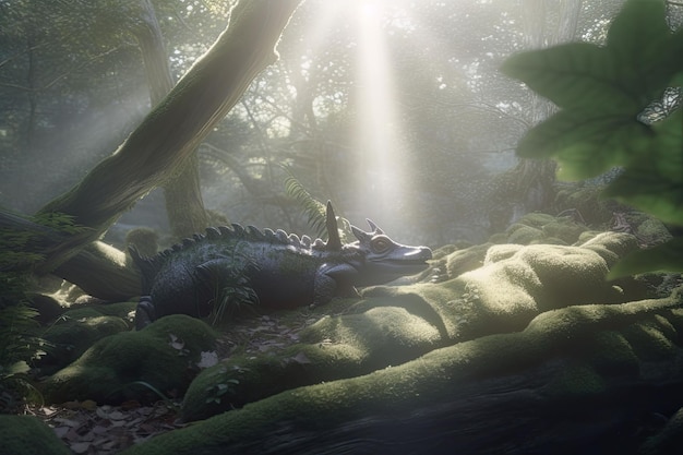 Un possente drago della foresta dorme alla luce del sole nel mezzo di un'antica foresta IA generativa