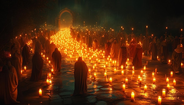 un poster 3D che raffigura una processione a lume di candela di notte