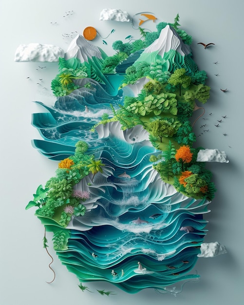 un poster 3D con un'infografica stilizzata dell'impronta idrica