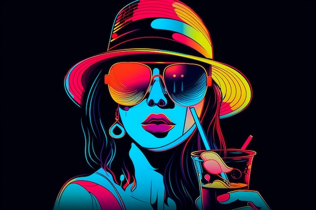 Un poster al neon di una donna che indossa un cappello e occhiali da sole con in mano un drink.