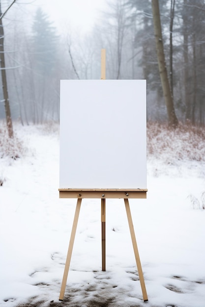 un poster bianco bianco sul cavalletto davanti al tema invernale