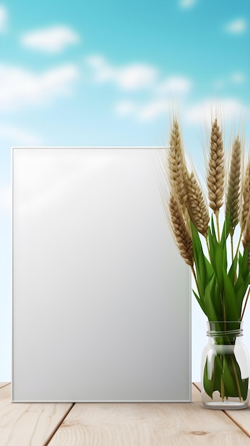 Un poster bianco con grano in un vaso di vetro e una cornice bianca con un cielo blu sullo sfondo