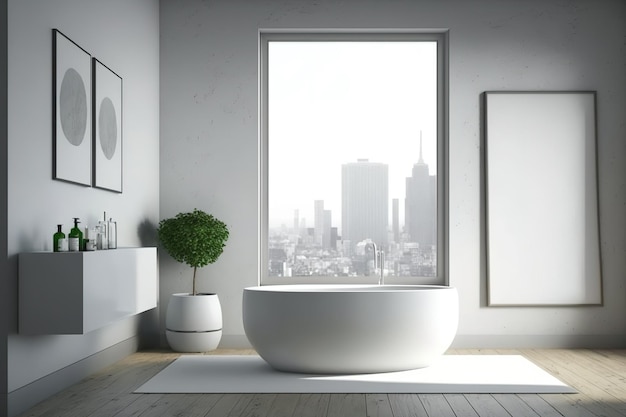 Un poster bianco vuoto, una vasca da bagno, una finestra con vista sulla città, pareti grigie e un pavimento in legno di quercia possono essere visti all'interno di un bagno buio Trattamenti termali e igiene come concetto un modello
