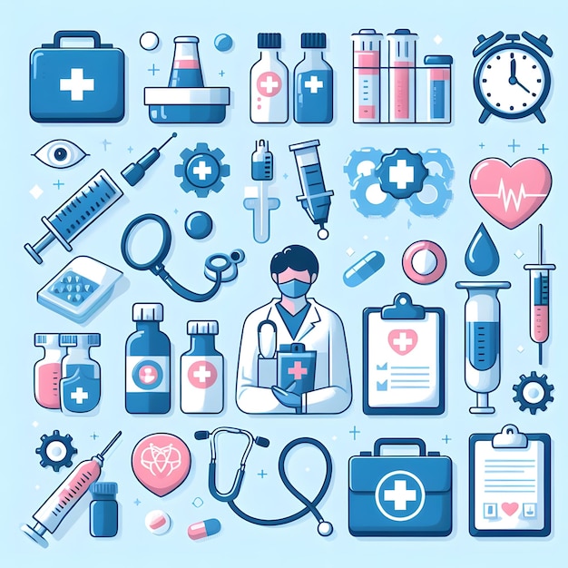 un poster blu con un uomo in abito da laboratorio e attrezzature mediche