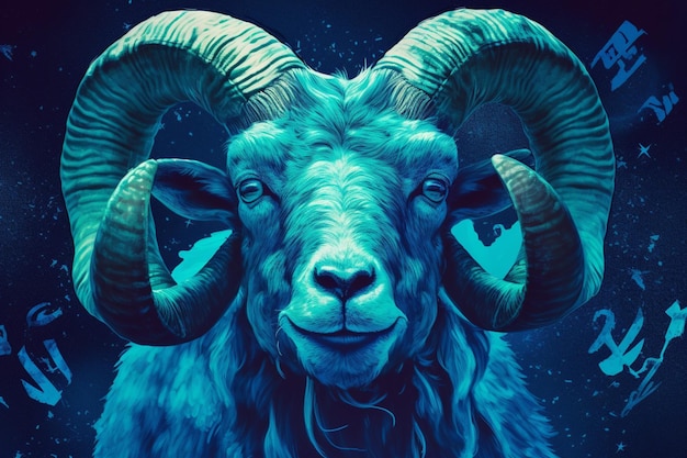 Un poster blu con una faccia di capra e la parola ariete