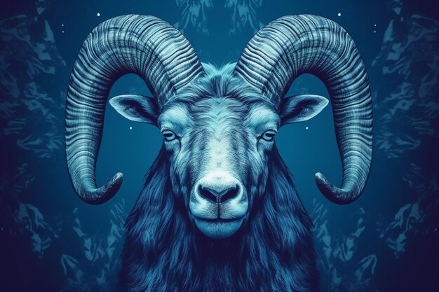Un poster blu con una faccia di capra