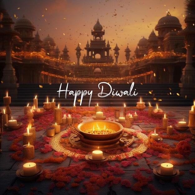un poster che dice poms felici con candele davanti a un tempio