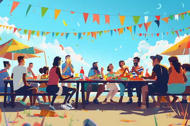 Un poster che mostra persone di diverse culture che condividono un pasto insieme in una festa estiva